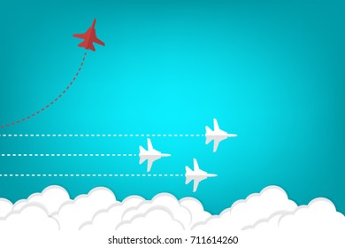 Red airplane changing direction and white ones. New idea, change, trend, courage, creative solution, innovation and unique way concept.