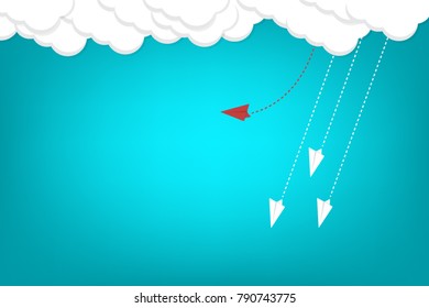 Red airplane changing direction and white ones. New idea, change, trend, courage, creative solution, innovation and unique way concept.