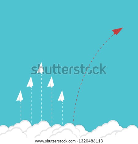 Red airplane changing direction and white ones.  