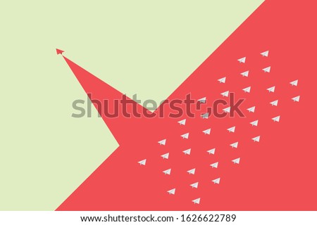 red airplane changing direction and white ones. New idea, change, trend, courage, creative solution, innovation and unique way concept.Vector illustration flat design