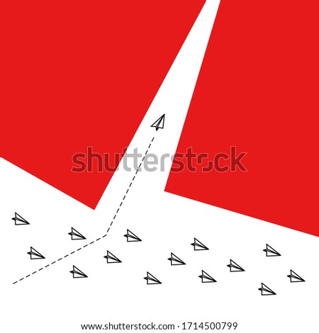 red airplane changing direction and white ones. New idea, change, trend, courage, creative solution, innovation and unique way concept.Vector illustration flat design