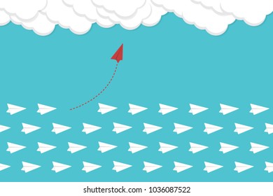 Red airplane changing direction.Think differently concept. New idea, change, trend, courage, creative solution, innovation and unique way concept. Vector illustration.
