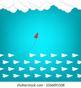 Red airplane changing direction.Think differently concept. New idea, change, trend, courage, creative solution, innovation and unique way concept. Vector illustration.