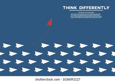 Red airplane changing direction.Think differently concept. New idea, change, trend, courage, creative solution, innovation and unique way concept. Vector illustration.