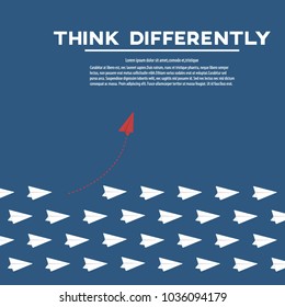 Red airplane changing direction.Think differently concept. New idea, change, trend, courage, creative solution, innovation and unique way concept. Vector illustration.