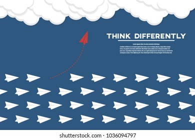 Red airplane changing direction.Think differently concept. New idea, change, trend, courage, creative solution, innovation and unique way concept. Vector illustration.