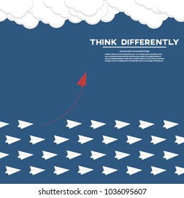 Red airplane changing direction.Think differently concept. New idea, change, trend, courage, creative solution, innovation and unique way concept. Vector illustration.