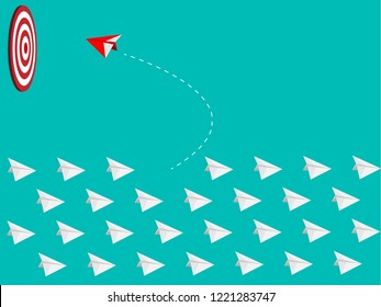 Red airplane changing direction.Think differently concept.New idea, change, trend, courage, creative solution, innovation and unique way concept. Vector illustration.
