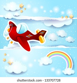 Red airplane and copy space, vector background