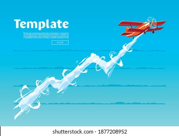 Red airplane flies up, chart illustration. Vector template.