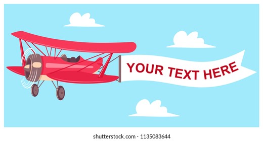 Red airplane with flight banner on a sky background with clouds. Vector cartoon flat illustration of an aircraft with a blank message advertisement.