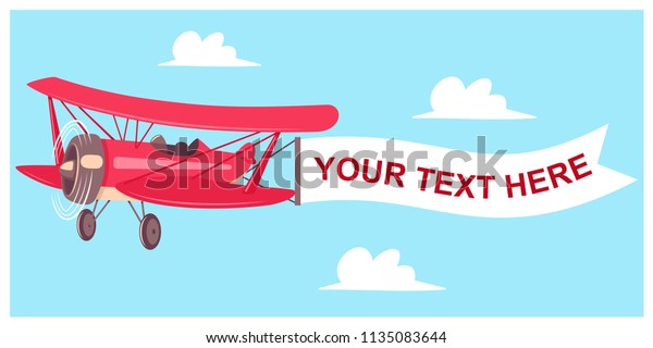 空の背景に雲と赤い飛行機と飛行旗 空のメッセージ広告を持つ航空機のベクターカートーンフラットイラスト のベクター画像素材 ロイヤリティフリー