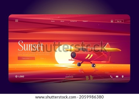 Red airplane fly over water at sunset. Vector landing page of flights with cartoon illustration of evening landscape with lake, sea or river, sun on horizon and biplane in air