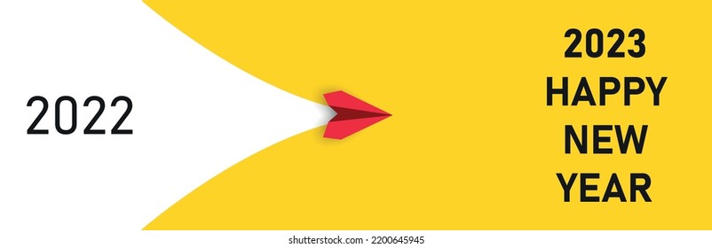 Red airplane flying to 2023 happy new year text. business creativity new idea discovery innovation technology. new year idea concept