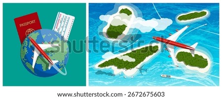 Red airplane flying over earth globe with passport and boarding pass. Top view of tropical island with plane in ocean. Travel and tourism concept.