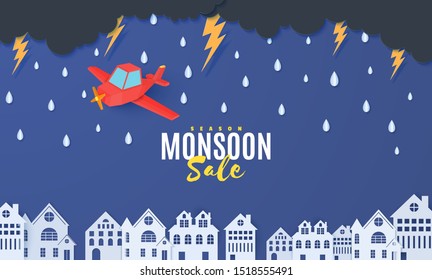 Red airplane flying in the storm over houses in the paper cut style. Rain thunder lightning clouds and city buildings. Vector rainy weather concept template for autumn monsoon sale banner.