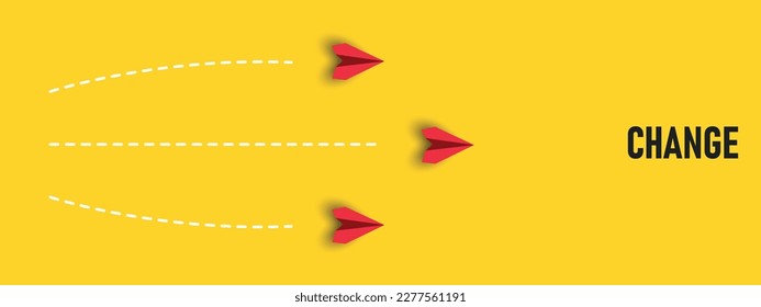 avión rojo volando hacia el texto "Cambio" y "Oportunidad". Concepto de crecimiento personal y de crecimiento profesional.