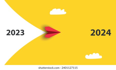 Red airplane flying from Year 2023 to Year 2024.Business creativity new idea discovery innovation technology.New year idea concept.