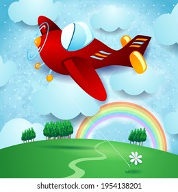 Red airplane hanging at the flower on country landscape, vector illustration eps10
