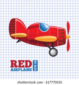 Red airplane on a background in a cage. Side view.  Vector illustration.