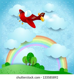 Red airplane on fantasy landscape, vector illustration