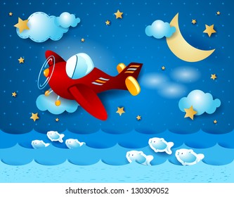 Red airplane over the sea, vector