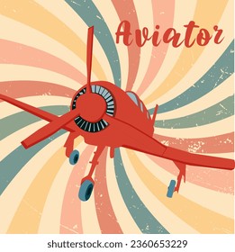 Red airplane with propeller on retro background.