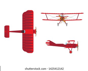 red airplane in three projections, top view, side view, front isolated on white background, vector illustration