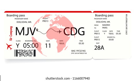 Red Airplane Ticket. Boarding Pass Ticket Template. Vector Illustration