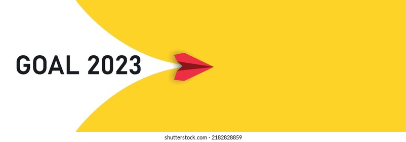 Red airplane unfolds from behind itself Goal 2023 text.Business creativity new idea discovery innovation technology.New year idea concept.