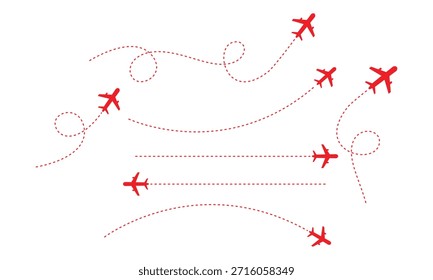 Red airplanes with dotted flight paths Isolated On White Background