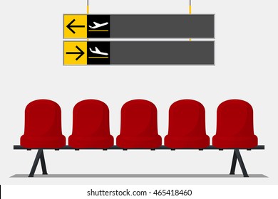 Red Airport Seat In Waiting Room Area And Wayfinding Signage. Chair Icon In Flat Design. Vector Illustration.