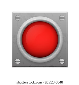 Red alarm button. Emergency signaling symbol on metal plate for quick disconnection of dangerous devices and warning of vector danger