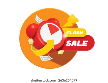Red alarm clock alerts flash sale promotion Limited time promotion, vector 3d isolated on white background for advertising design, vector minimal style for banner advertisement design