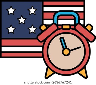 A red alarm clock with the American flag in the background. The clock is set to 7:00