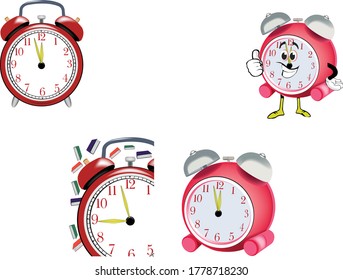 Red alarm clock with bell, comic.