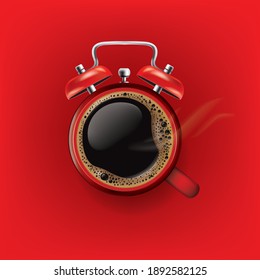 Red alarm clock with black coffee on red background