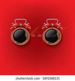 Red alarm clock with black coffee on red background