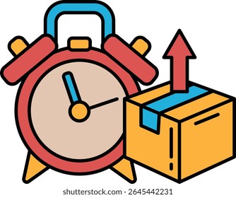 Um despertador vermelho com um rosto azul e uma mão azul. O relógio está definido para a hora das 10:00. Uma caixa fica ao lado do relógio e é uma caixa de entrega