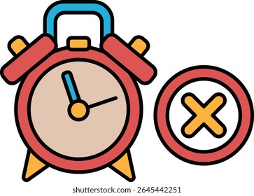 Um despertador vermelho com um rosto azul e mãos mostrando a hora das 10:30. Um X está ao lado do relógio, indicando que não é a hora correta