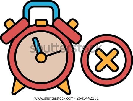 A red alarm clock with a blue face and hands showing the time of 10:30. An X is next to the clock, indicating that it is not the correct time