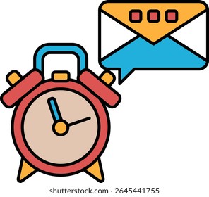 A red alarm clock with a blue and yellow envelope on top of it. The clock is set to the time of 10:00