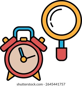 Um despertador vermelho com uma alça azul e amarela fica ao lado de uma lupa. O relógio está definido para a hora das 10:00