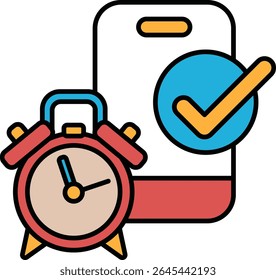 Um despertador vermelho com uma marca de seleção azul e amarela. O relógio está ajustado para a hora de 8:00