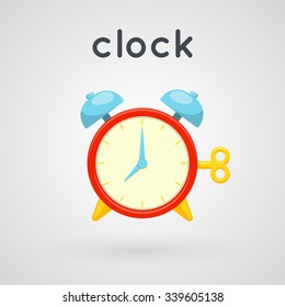 Red alarm clock. Cartoon simple illustration. Vector object and word. 