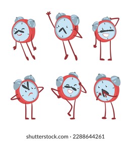 Red Alarm Clock Character with Funny Face Expression Vector Set