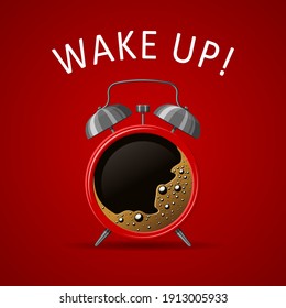 Red Alarm clock and coffee cup on red background. Good morning coffee wake up time concept. Vector illustration