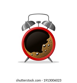 Red Alarm clock and coffee cup on white background. Good morning coffee wake up time concept. Vector illustration