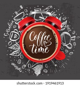 Red alarm clock with coffee foam and doodle sketch illustration of cafe beans, beverage details for cafe menu.