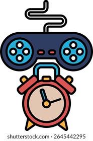 A red alarm clock with a controller on top of it. The controller is blue and has a black button. The clock is set to 7:00